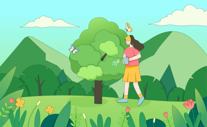 春天植树节栽树的女孩扁平人物插画