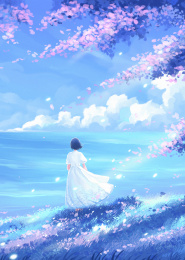 唯美夜晚少女在海边瞭望远方插画