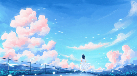 唯美治愈天空下走向远方的少女