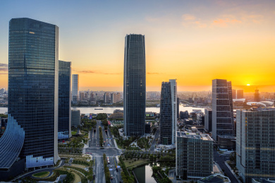 上海徐汇滨江西岸城市建筑群航拍日出