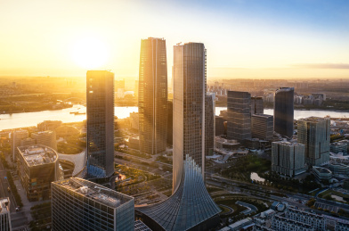 上海徐汇滨江西岸城市建筑群航拍日出