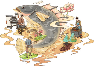 安徽臭鳜鱼插画人物古法制作场景建筑