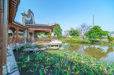 广州海珠湿地公园花园湖景传统中式走廊