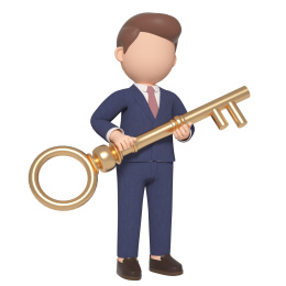 3D渲染抱金钥匙的卡通商务男性