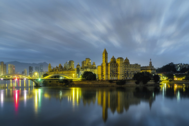 航拍福州中洲岛日出朝霞