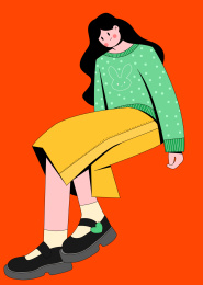 扁平风描边小清新少红色背景女孩