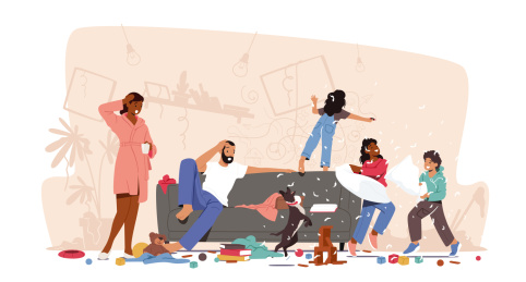 小孩打闹客厅一团乱