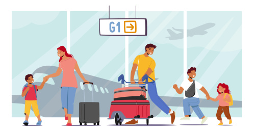 全家一起在机场出游搭飞机 平面插图