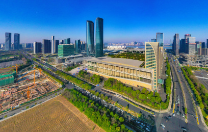 中国浙江杭州滨江区杭州之门航拍