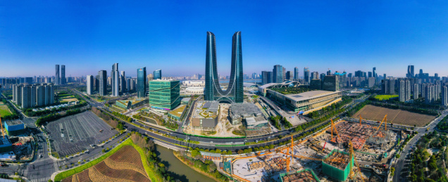 中国浙江杭州滨江区杭州之门航拍