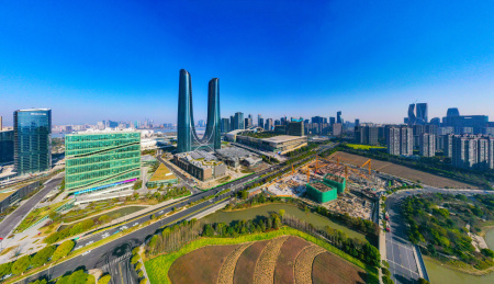 中国浙江杭州滨江区杭州之门航拍