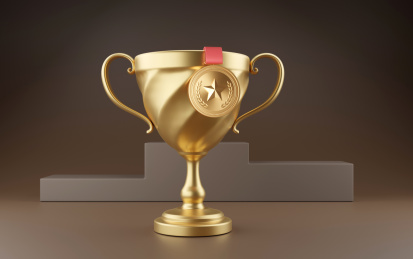 领奖台背景中的3D金色荣誉奖杯挂着金牌