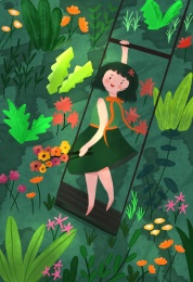 在花园里荡秋千的小姑娘