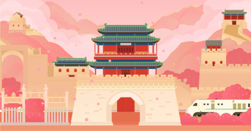 北京昌平居庸关长城赏花插画