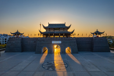 广西崇左太平古城夕阳落日建筑风光航拍