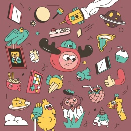 可爱潮流小动物人物世界名画扁平矢量插图