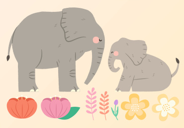 植物装饰大象宝宝与妈妈素材组合