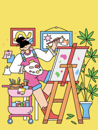 在画架前拿着调色盘画画的女孩