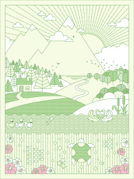 春天自然风光山林原野湖边山水户外绿色插画