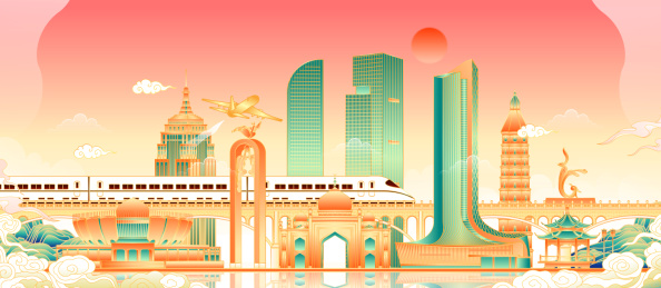 宁夏银川城市地标建筑矢量插画