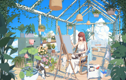 在阳光房被花包围在画画的女孩