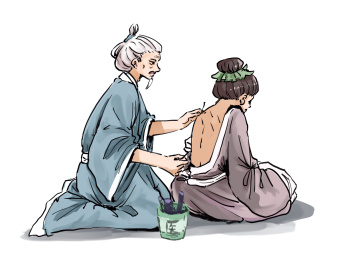 蓝色漫画古风医生艾灸病人元素