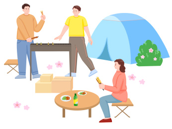 春天春游一群人烧烤游玩年轻人帐篷滑板车