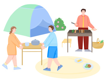 春天春游一群人烧烤游玩年轻人帐篷滑板车