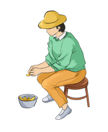 手绘工人坐着剥水果皮插画
