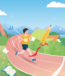 学生在操场上参加跑步比赛跑到