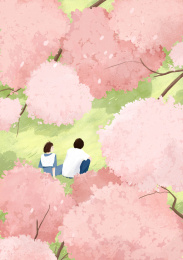 粉色樱花树-少女少年席地而坐