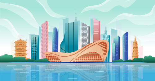 中国安徽省合肥市商务科技城市彩色插画