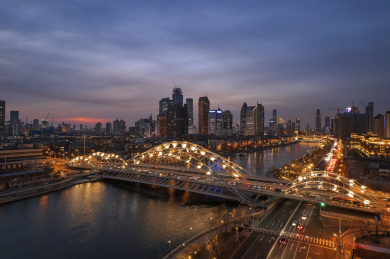 天津海河直沽桥周边日落城市建筑风景航拍
