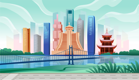 中国贵州贵阳市商务科技城市彩色插画