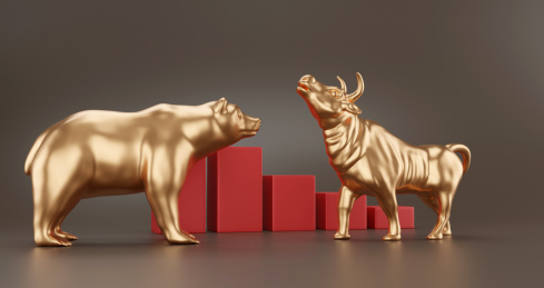 3D金色的熊与金色的牛相对组合股市素材