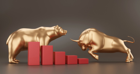 3D金色的熊与金色的牛相对组合股市素材