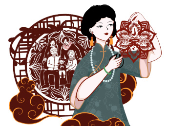 红色国潮小寒剪窗花人物一家人创意元素