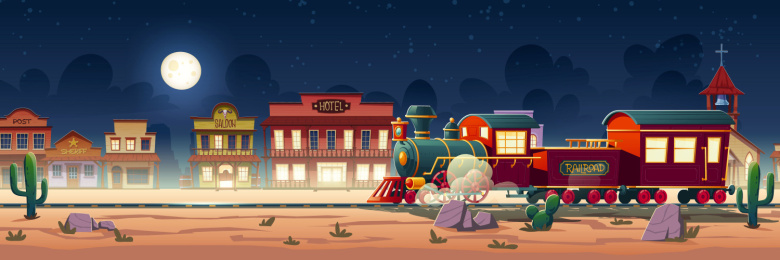 夜晚蒸汽火车驶过西部荒野城镇插画