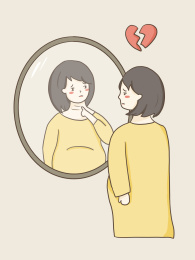 照镜子看脖子皱纹的女人手绘插画