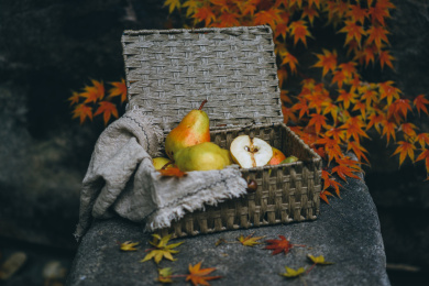 黄色的大鸭梨摆放在果篮中