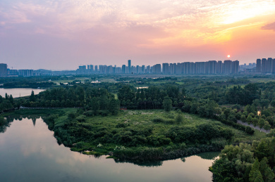 航拍湖南长沙洋湖湿地公园落日风光