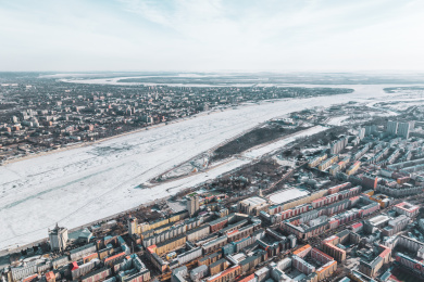 冬季黑龙江黑河市中俄边境城市建筑航拍风光