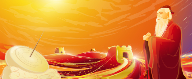 孔子穿越时光拜谢日晷中华大地