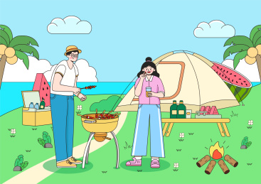 夏季情侣户外海边露营烧烤矢量插画