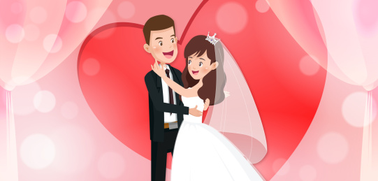 卡通新郎新娘婚礼舞会 庆典比心插画矢量图