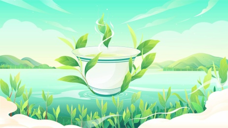 绿色健康的绿茶茶叶茶杯矢量国风插画