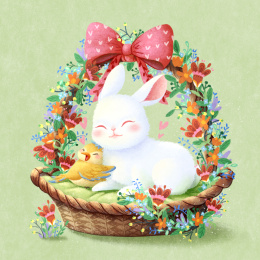 十二生肖之花篮里的小白兔可爱治愈插画