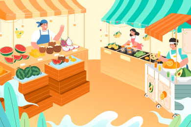 夏季水果摆摊矢量插画