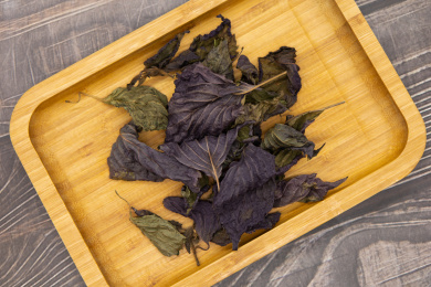 木桌背景中药材干紫苏