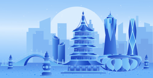 杭州亚运会蓝色科技未来企业地标旅游矢量